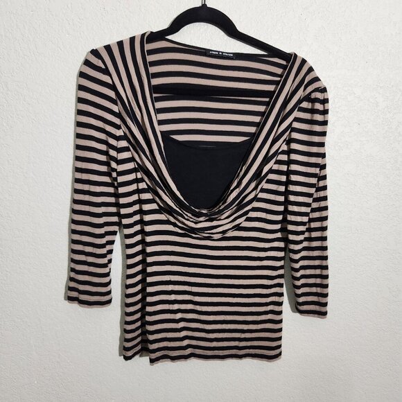 Cable & Gauge Womens Top Size M Draped Cowl Neck Black & Tan Striped - Picture 1 of 12